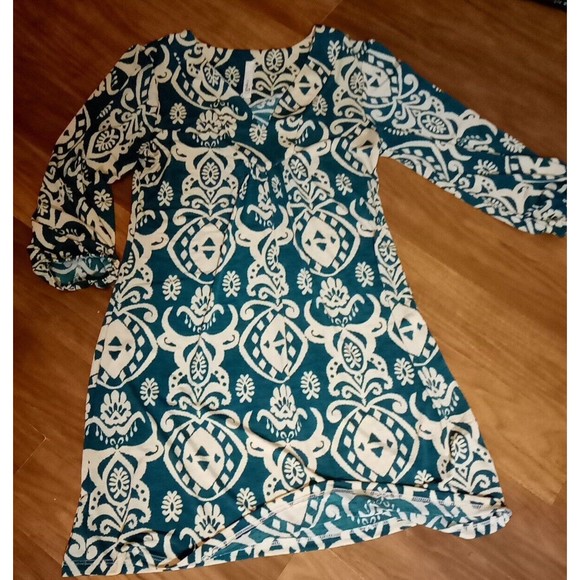 Cream II 2 Dress Boho Green  dark teal Small damask  V-neck mod elegant … - Picture 11 of 11